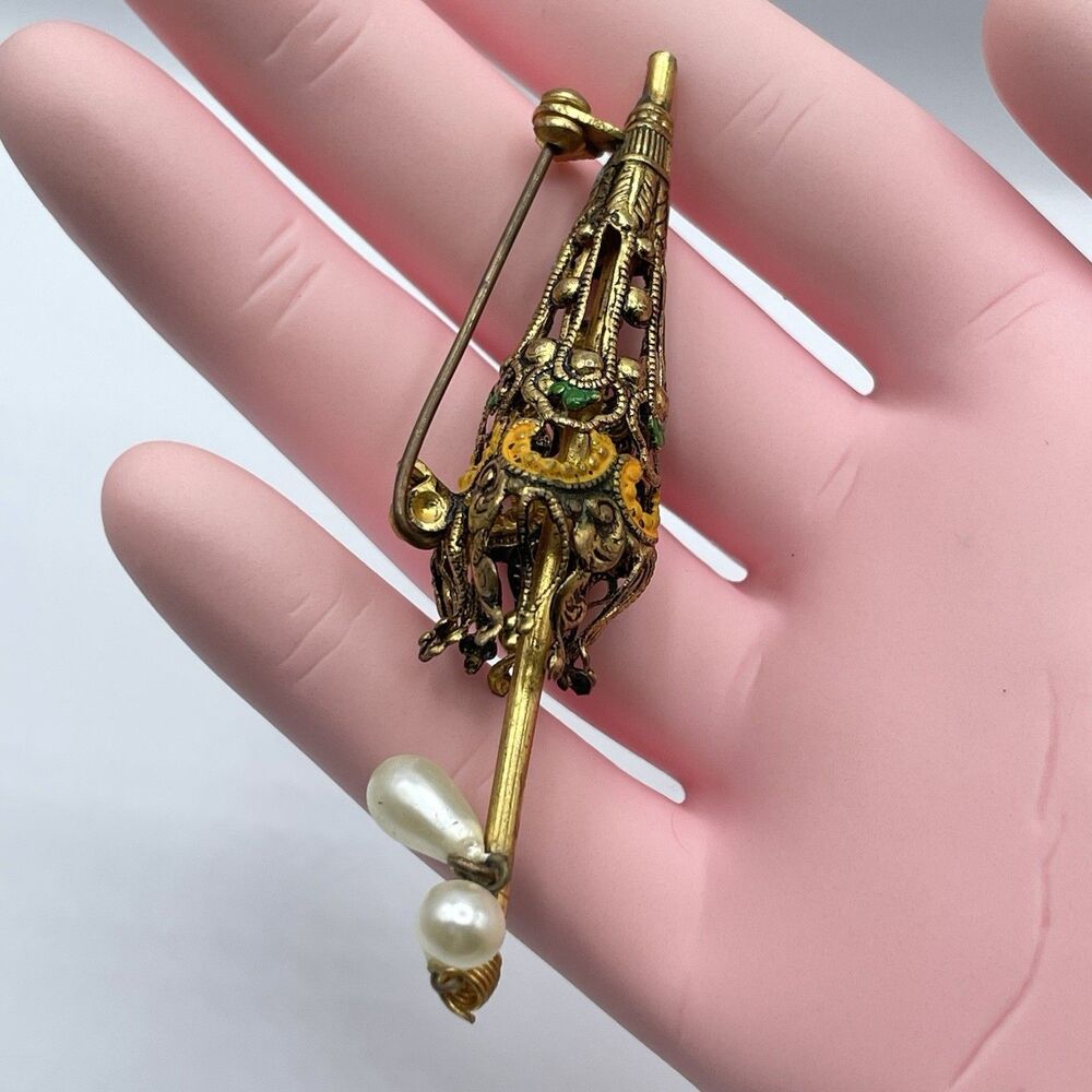 Vintage Miniature Parasol Brooch Enamel Filigree Victorian Umbrella Brooch Pin